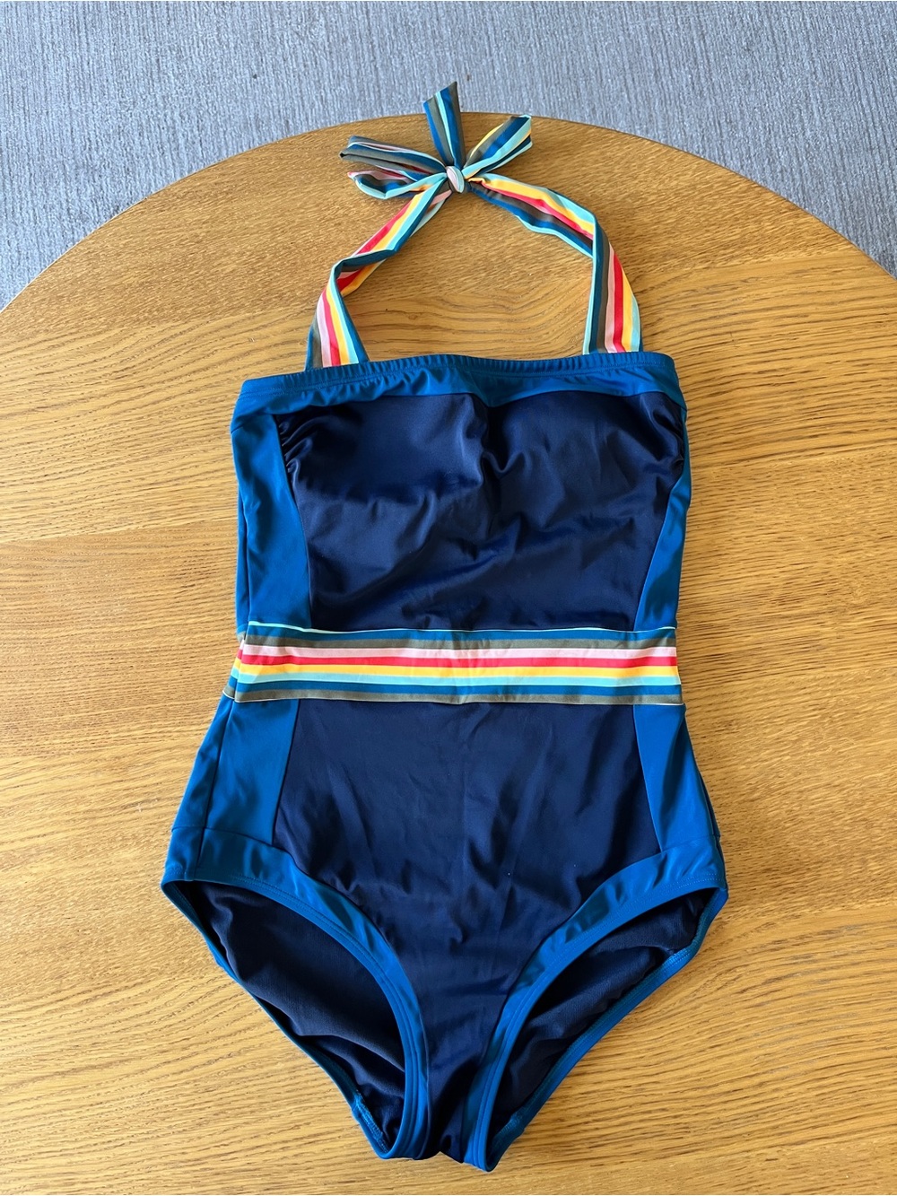 Boden Navy Santorini Halterneck One-Piece Swimsuit with Rainbow Straps